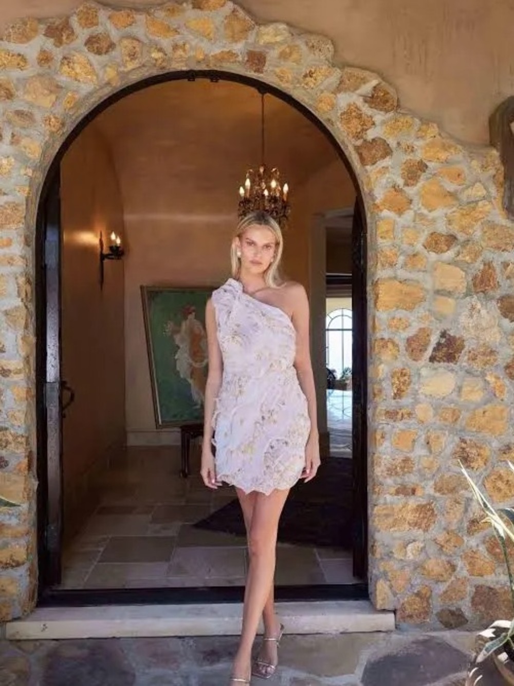 Elliatt One-Shoulder Lace Mini Dress in Pale Lavender